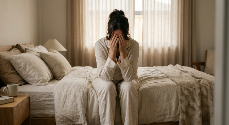 Woman waking up exhausted